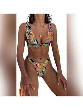 NWOT MIKETAI Two Piece Deep V Halter Thong Cheeky Bikini Swimsuit, M